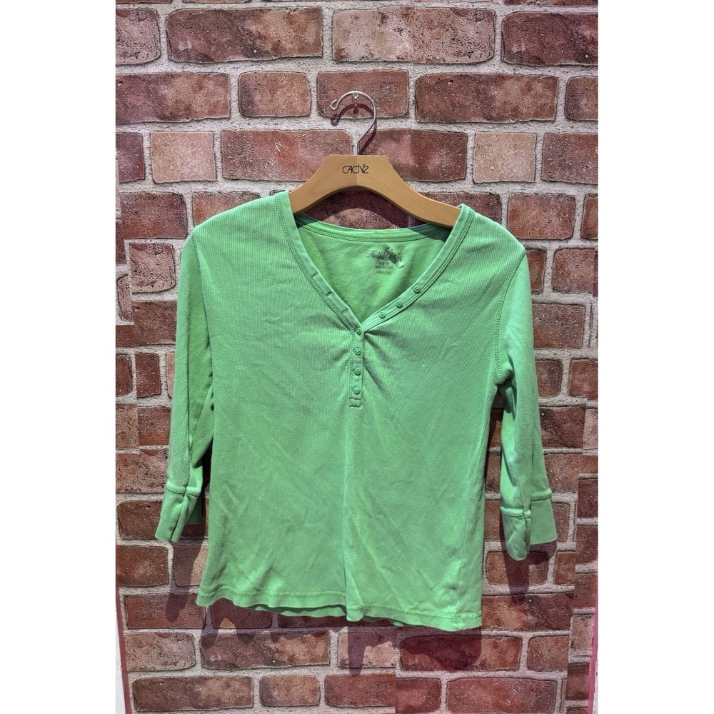Faded Glory 3/4 Slv Shirt Womans Size M 100% Cotton Solid Green W/Button Closure